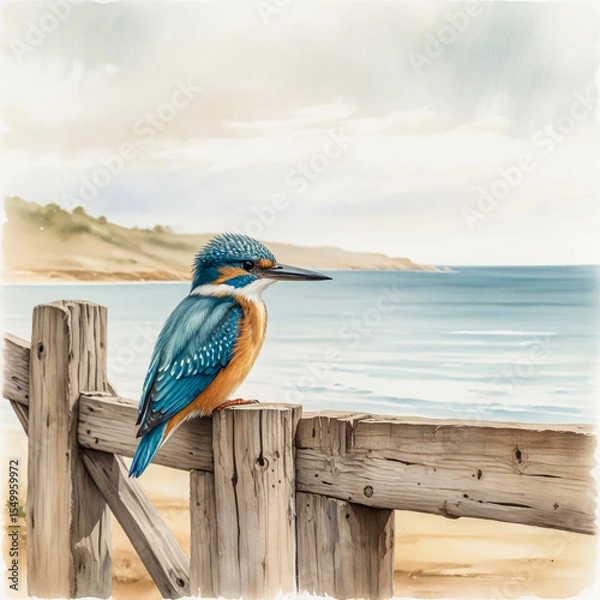 Fototapeta A serene watercolor of a Sacred Kingfisher perched on a weathered wooden fence, overlooking an open coastal landscape. 