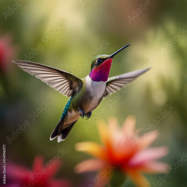 Fototapeta Watercolor A vivid photorealistic image of a Violet-crowned Hummingbird feeding from a vibrant fuchsia-colored flower in a southwestern garden. Its striking violet crown and iridescent feathers shine 