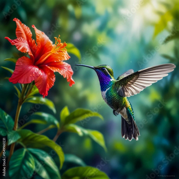 Fototapeta Watercolor A vivid illustration of a Magnificent Hummingbird hovering in front of a lush, tropical flower in a rainforest. Its brilliant green, purple, and blue feathers shimmer in the dappled sunligh