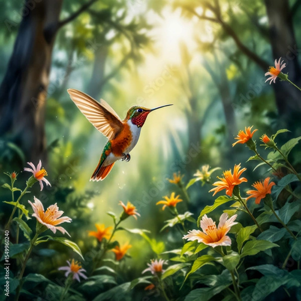 Fototapeta Watercolor A beautiful illustration of a Rufous Hummingbird flitting around flowers in a shaded forest glade. Its fiery orange feathers catch the light, contrasting with the lush greenery around it. 