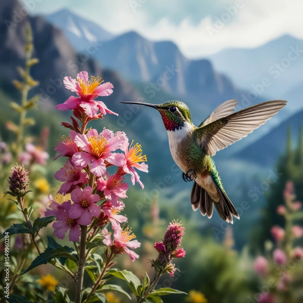 Fototapeta Watercolor A captivating image of a Broad-tailed Hummingbird hovering near a cluster of wildflowers in the mountainous terrain. The bird’s green and pink feathers shine brightly in the light