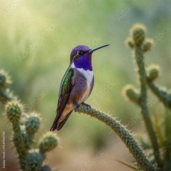 Fototapeta Watercolor A striking scene of a Costa’s Hummingbird perched on a spiny desert plant. Its vibrant purple crown and throat stand out against the soft green desert background, with the light reflecting 