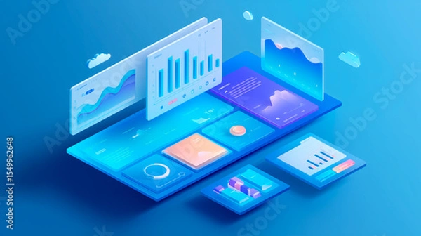 Fototapeta Clean isometric illustration of SaaS analytics dashboard. Graphs, charts and subscription plan UI in futuristic B2B style.