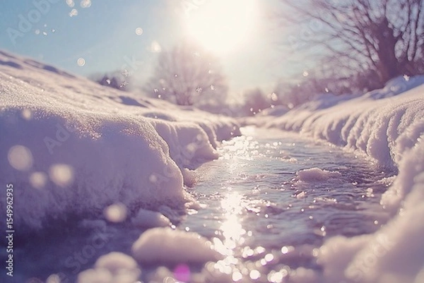 Fototapeta In the winter, there is an icy, snowy scene with a small stream flowing through it.