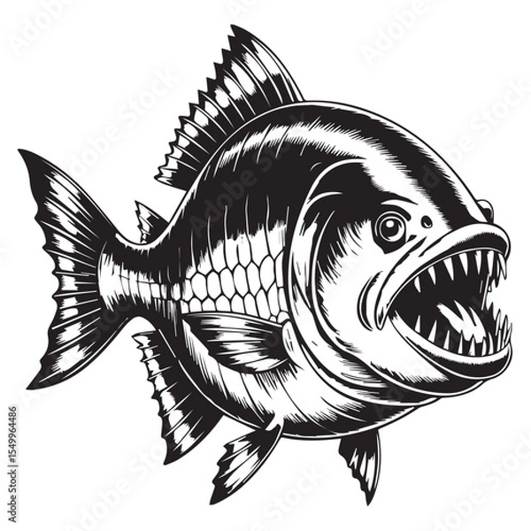 Obraz Aggressive Piranha Fish Illustration – Black and White Vector Art
