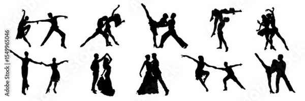 Fototapeta Silhouettes of dancers, couple dances, modern dance positions. Dynamic, elegant figures demonstrating various dance moves. Ideal for design projects related to dance, performing arts, fitness
