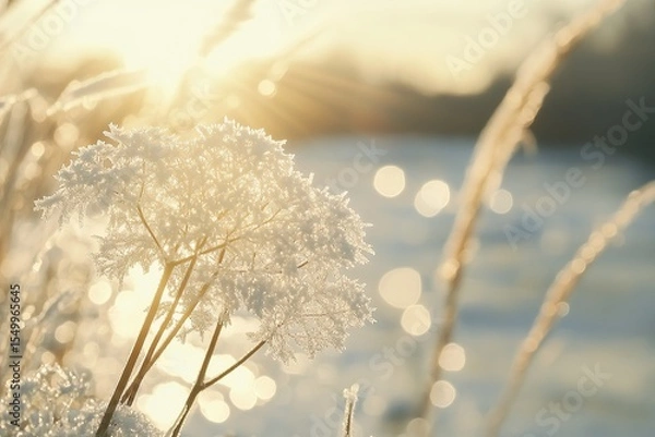 Fototapeta Macro photography of ice-covered Queen Anne's Lace in the winter snow, with sunlight shining on it.
