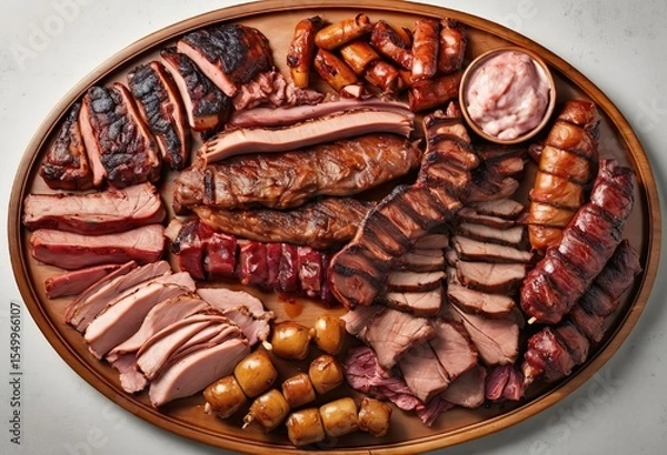 Fototapeta Meat platter, different types of meat and sausages laid out on a rounded dish, top view