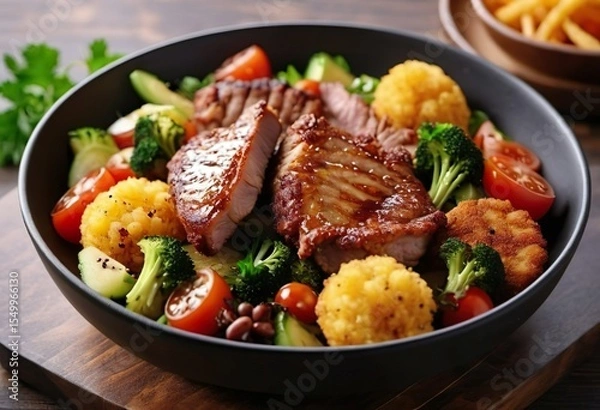 Fototapeta Appetizing fried meat, grilled steak, with colorful vegetables in a bowl