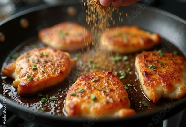 Fototapeta Chicken cutlets are fried in a frying pan, the meat is sprinkled with spices by hand