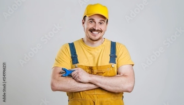 Fototapeta Cheerful male plumber in yellow uniform with adjustable wrench in hand, plumbing work, business