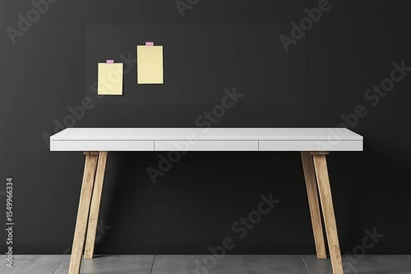 Fototapeta Minimalist black background for product display, white desk with wooden legs and two sticky notes