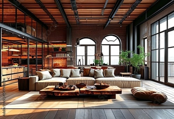 Fototapeta Interior design, loft style room, high ceilings, wooden beams, panoramic windows, large sofa, lots of space