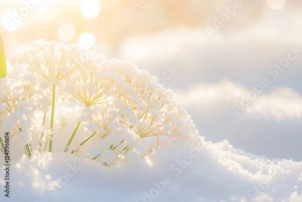 Fototapeta Macro photography of ice-covered Queen Anne's Lace in the winter snow, with sunlight shining on it.