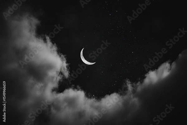 Fototapeta Night sky with a crescent moon and stars, against a cloudy background
