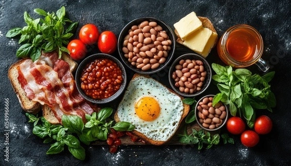 Fototapeta Top-down view of full English breakfast with toasts, egg, bacon, beans and tomatoes. Use this for culinary blogs, breakfast menus, food advertising, and recipe websites.