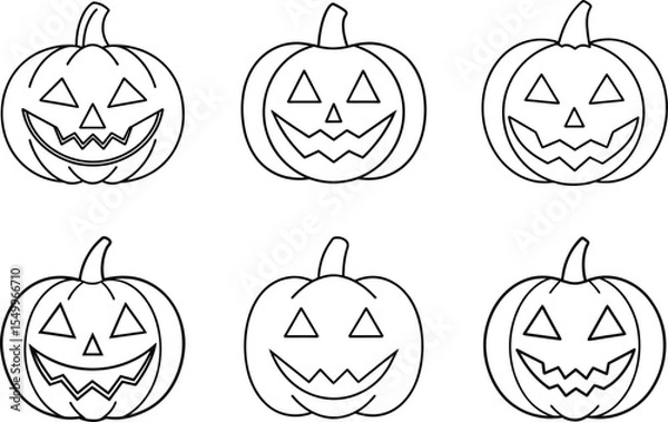 Fototapeta Set of Halloween Pumpkin Faces Line Art Vector - Jack O'Lantern Outline Collection