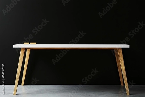Fototapeta Minimalist black background for product display, white desk with wooden legs and two sticky notes