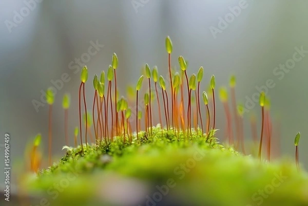 Fototapeta Mossy green ground, blurred background of forest, macro photography, shallow depth of field,