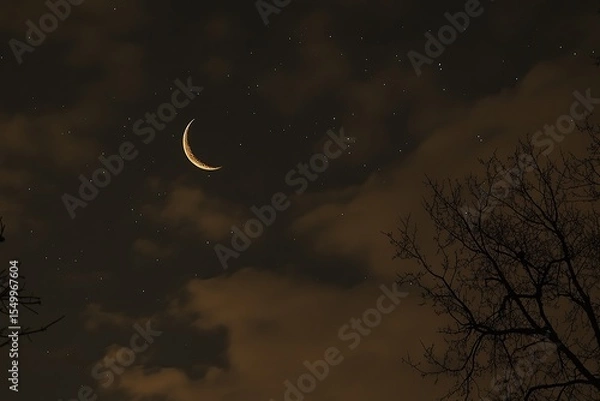 Fototapeta Night sky with a crescent moon and stars, against a cloudy background