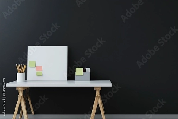 Fototapeta Minimalist black background for product display, white desk with wooden legs and two sticky notes