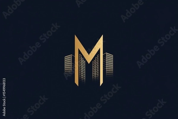 Fototapeta Logo design, minimalist style with building elements and the letter M in the middle of two buildings