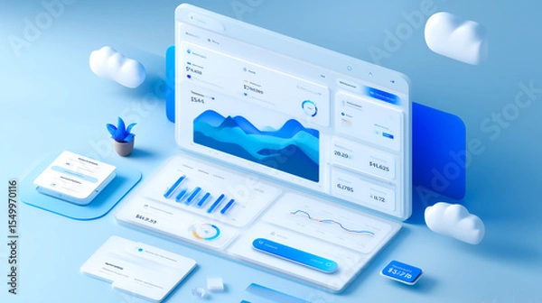 Fototapeta Illustration of SaaS dashboard with analytics and pricing UI. Top-down angle. Graphs, charts, and subscription panels in clean business style.
