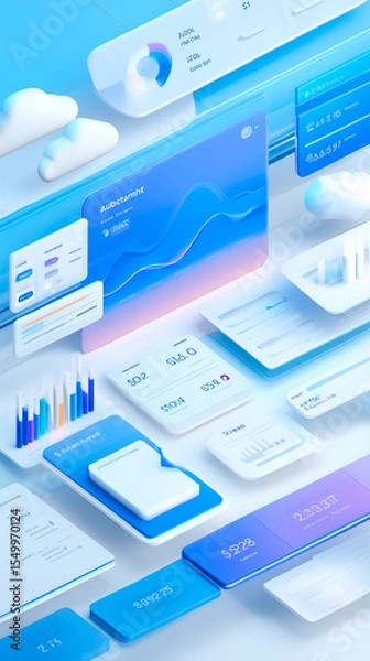 Fototapeta Illustration of SaaS dashboard with analytics and pricing UI. Top-down angle. Graphs, charts, and subscription panels in clean business style.
