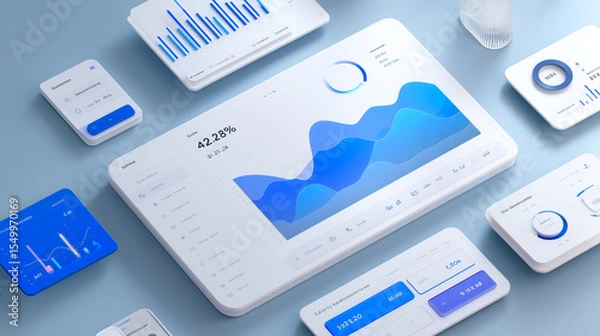Fototapeta Illustration of SaaS dashboard with analytics and pricing UI. Top-down angle. Graphs, charts, and subscription panels in clean business style.