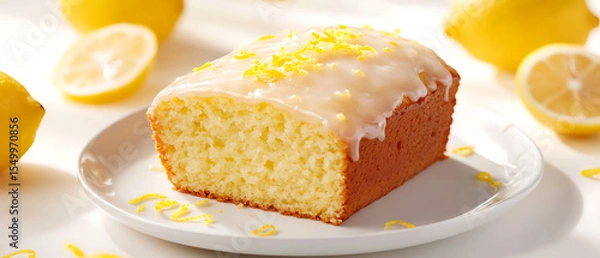 Fototapeta Lemon Cake Slice with Glaze and Zest on a White Plate