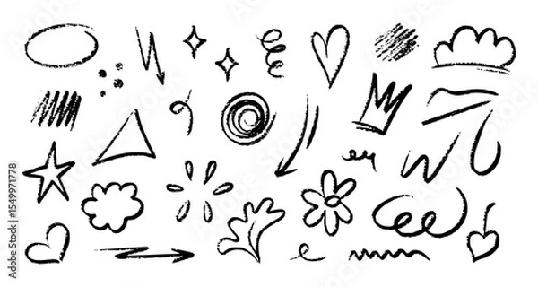 Obraz Hand drawn doodle sketch elements in black crayon texture on white background. Collection includes arrows, hearts, stars, crowns, spirals, abstract symbols, and playful shapes. Perfect for