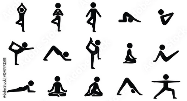 Fototapeta Stickman silhouette icons of people performing yoga poses and stretching exercises in minimal black design