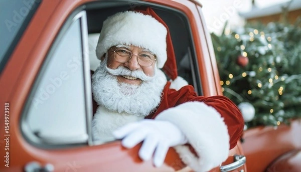 Obraz Portrait of Santa Claus with a smiling face ,with red cheeks, driving a red pickup truck. Generated image
