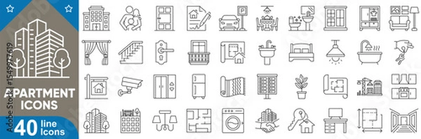 Fototapeta Apartment line editable icons set. Containing building, real estate, balcony, window, elevator, staircase, lobby, rooftop, parking, mailbox, kitchen, bedroom and more. Vector illustration