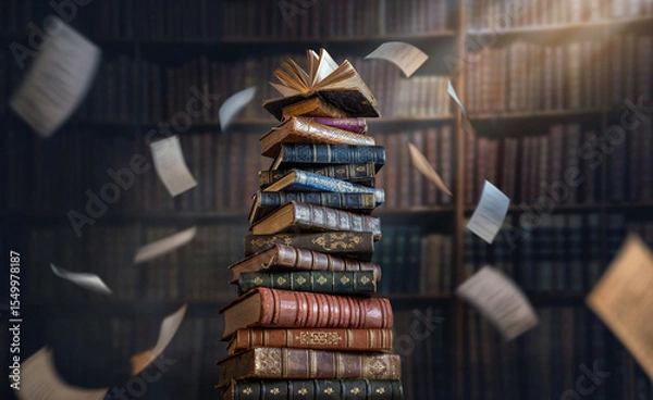 Obraz A stack of old books and flying book pages against the background of the shelves in the library. Ancient books historical background. Conceptual background on history, education, literature topics.
