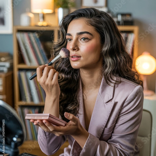 Fototapeta Woman Applying Blush During Makeup Tutorial Wearing Mauve Blazer In Cozy Studio. Beauty Tutorial Stream