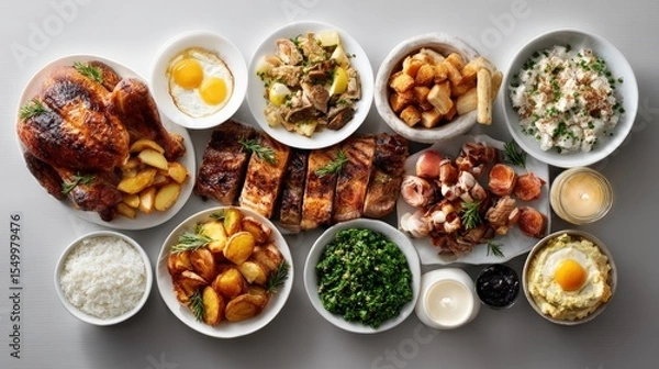Fototapeta A variety of roasted meats, sides, and eggs presented on a table.