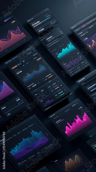 Fototapeta Dark-themed SaaS dashboard illustration with analytics charts, subscription metrics and pricing plans. Clean, futuristic top-down B2B interface in glowing colors.