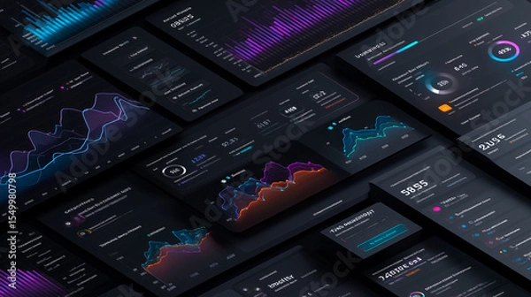 Fototapeta Dark-themed SaaS dashboard illustration with analytics charts, subscription metrics and pricing plans. Clean, futuristic top-down B2B interface in glowing colors.