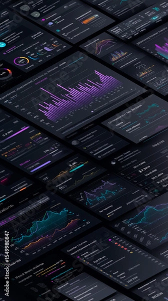 Fototapeta Dark-themed SaaS dashboard illustration with analytics charts, subscription metrics and pricing plans. Clean, futuristic top-down B2B interface in glowing colors.