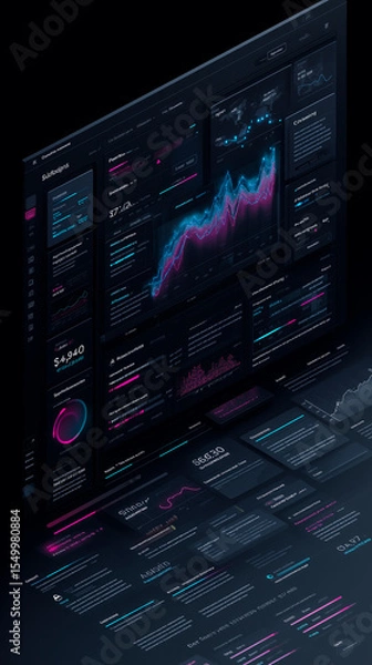 Fototapeta Dark-themed SaaS dashboard illustration with analytics charts, subscription metrics and pricing plans. Clean, futuristic top-down B2B interface in glowing colors.