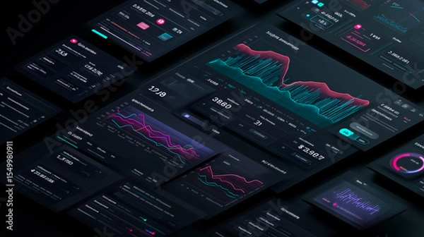 Fototapeta Dark-themed SaaS dashboard illustration with analytics charts, subscription metrics and pricing plans. Clean, futuristic top-down B2B interface in glowing colors.