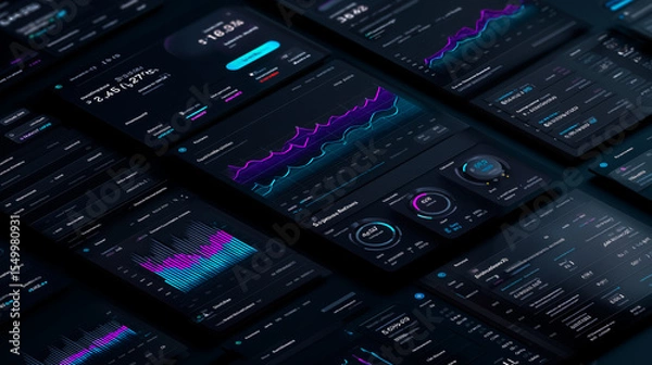Fototapeta Dark-themed SaaS dashboard illustration with analytics charts, subscription metrics and pricing plans. Clean, futuristic top-down B2B interface in glowing colors.