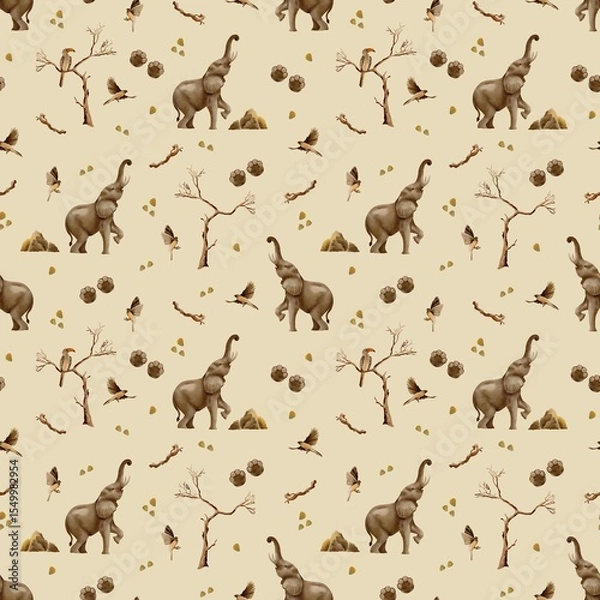 Fototapeta Cute watercolor pattern with trees, elephants, stones and birds. Africa, safari, nature. Seamless print on light background