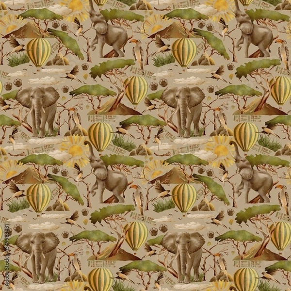 Fototapeta Cute watercolor pattern with trees, elephants, balloon. Africa, safari, nature. Seamless print on dark background