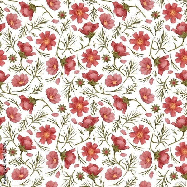 Fototapeta Floral pattern of watercolor elements. Flowers, bouquet, nature, flora, Seamless print on fabric