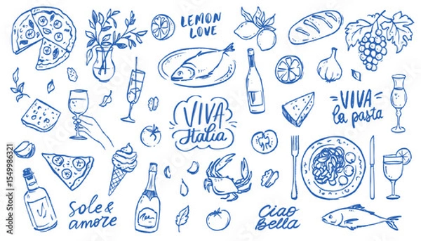Fototapeta Whimsical Italian Food Doodle with Vintage Summer Vibe. Pasta on a Plate, Wine Bottle and Pizza Slices