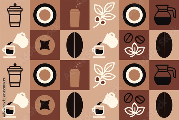 Obraz Geometric pattern coffee pattern for coffee cup packaging vector pattern in coffee tones with coffee elements design elements