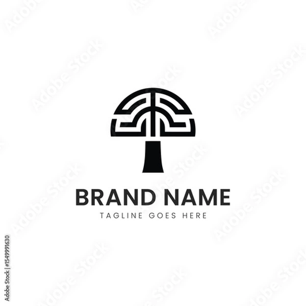 Obraz A minimalist black and white logo featuring a stylized tree with a maze design. The sleek design conveys creativity and connection to nature.