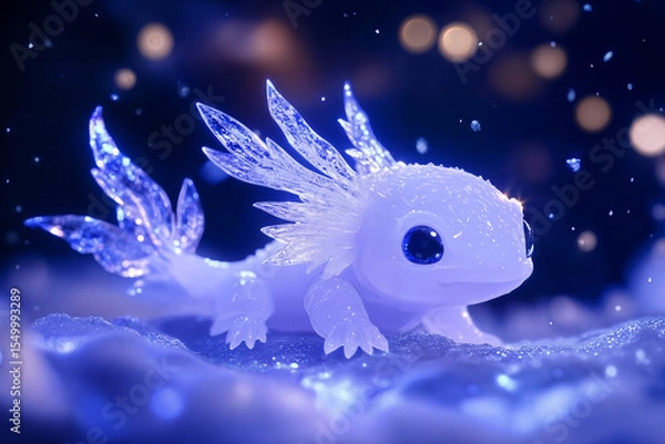 Fototapeta Charming fantasy-style axolotl with shimmering crystal-like gills, glowing softly in a mystical, icy blue environment. 